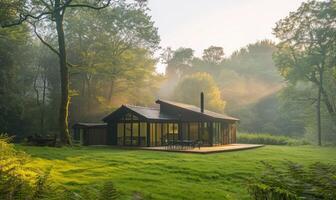 AI generated Morning mist enveloping a contemporary wooden cabin hidden deep within a spring garden filled with blooming irises and lilies photo