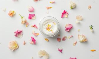AI generated Creme jar blank mockup surrounded by delicate flower petals photo
