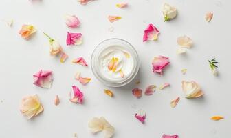 AI generated Creme jar blank mockup surrounded by delicate flower petals photo