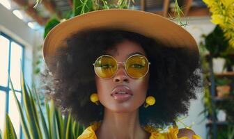 AI generated Beautiful african american woman with afro hairstyle and yellow sunglasses. photo