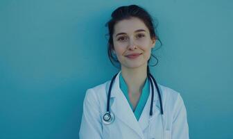 AI generated Portrait of a smiling female doctor with stethoscope on blue background photo