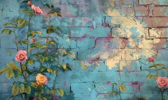 AI generated Pink roses on old white brick wall background with grunge texture. Copy space for text. photo