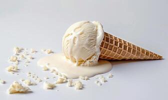 AI generated Melting ice cream cone on white background photo