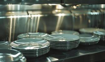 AI generated Close-up of a row of clean plates in a restaurant kitchen photo