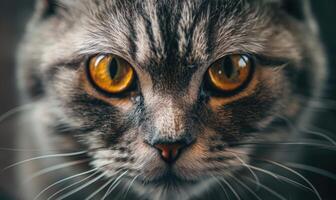ai generado de cerca retrato de un gato con amarillo ojos en un negro antecedentes foto