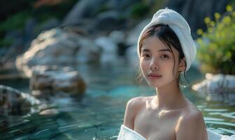 AI generated Beautiful young woman relaxing in hot springs at luxury spa resort photo