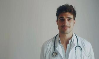 ai generado retrato de joven masculino médico con estetoscopio en blanco antecedentes foto