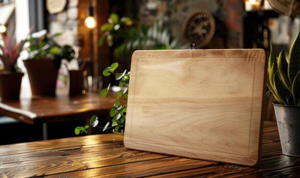 AI generated Empty wooden board on table in cafe, closeup. Space for text. Mock up for menu or design photo