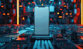 AI generated Smartphone mockup with a blank screen on a futuristic technology background photo
