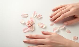 AI generated Woman's hand on white background with flower petals around photo