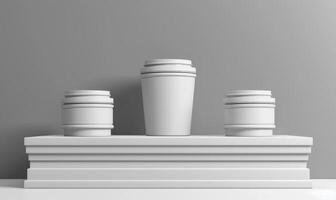 AI generated Mockup of white coffee cups on the white shelf. photo