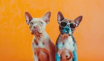 AI generated two french bulldog wearing sunglasses on gradient background in neon light. photo