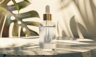 AI generated Frosted glass bottle mockup showcasing a luxurious hydrating facial serum with a sleek modern design photo