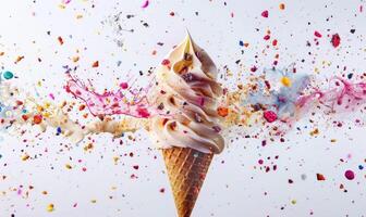 AI generated Ice cream cone explosion on white background photo