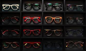 AI generated Colorful eyeglasses on a black shelf. photo