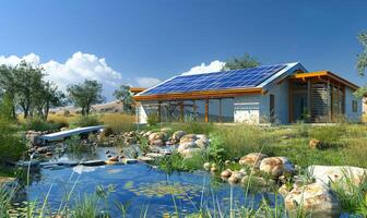 ai generado cabaña con solar paneles en un lago. foto