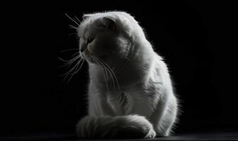 ai generado estudio retrato de un real blanco escocés doblez gato en un oscuro fondo, espacio para texto foto