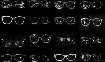 AI generated Collection of eyeglasses on a black background. View from above. photo