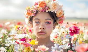 ai generado retrato de un joven niña con Rizado pelo y flores en su cabello. mujer en flor guirnalda. foto