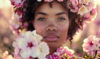 ai generado retrato de un joven niña con Rizado pelo y flores en su cabello. mujer en flor guirnalda. foto