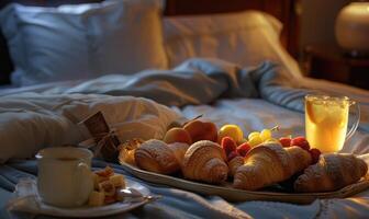 AI generated Breakfast in bed with coffee, croissants and croissants photo