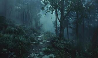 AI generated Mystical foggy forest. Foggy path in the woods. photo