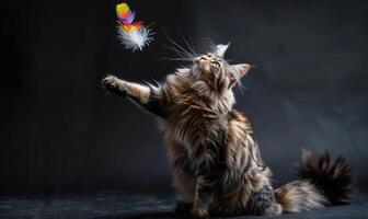 AI generated Maine Coon cat playfully batting at a feather toy in a studio setup photo