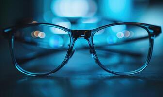 AI generated Eyeglasses on a wooden table with bokeh background. photo