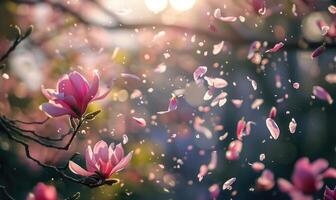 AI generated Magnolia petals gently falling from a tree in a spring breeze, nature background photo