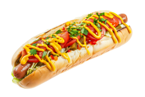 AI generated Gourmet hot dog with mustard, ketchup, fresh tomatoes, onions, and herbs isolated on a transparent background   ideal image for fast food concepts and menus png