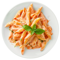 AI generated Appetizing penne pasta with creamy tomato sauce and fresh basil isolated on a transparent background, ideal for Italian cuisine concepts png