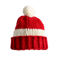AI generated Hand knitted red and transparent winter beanie hat with pom pom isolated on a transparent background, ideal for Christmas or winter holiday concepts png