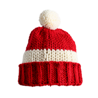 ai generado mano de punto rojo y transparente invierno gorro sombrero con pom pom aislado en un transparente fondo, ideal para Navidad o invierno fiesta conceptos png