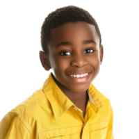 AI generated Smiling African American boy in yellow shirt, expressing happiness and joy, isolated on a transparent background   ideal for educational or promotional concepts png