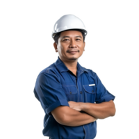 AI generated Confident Asian engineer with arms crossed, wearing a transparent safety helmet and blue workwear uniform, isolated on a transparent background png