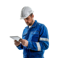 ai generado enfocado masculino trabajador en un difícil sombrero y azul uniforme utilizando tableta, aislado en transparente fondo, ideal para construcción y industrial conceptos png