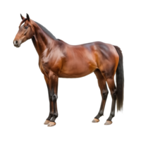 ai gerado majestoso baía cavalo em pé lado visualizar, isolado em uma transparente fundo, com detalhado muscular casaco, adequado para equestre Esportes e animal temas png