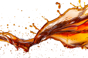 AI generated Dynamic splash of amber colored liquid, possibly tea or whiskey, frozen in motion, isolated on a transparent background, exemplifying concepts of fluidity and purity png