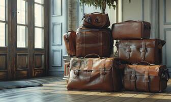 AI generated Pile of old brown leather travel suitcases in vintage interior. photo