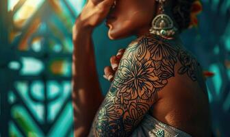 AI generated Close-up of a young woman with henna tattoo on her body photo