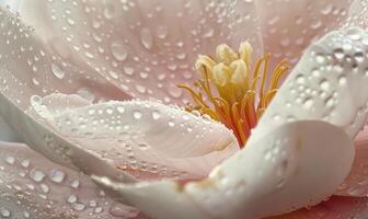 AI generated Magnolia blossom close-up with dewdrops glistening on the petals photo