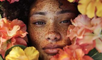 AI generated Close-up portrait of african american woman with creative make-up and flowers photo