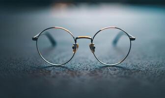 AI generated Eyeglasses on the table with bokeh light background. photo