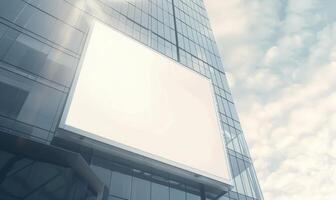 AI generated Blank screen banner mockup displayed on the modern building facade. Close Up view. photo