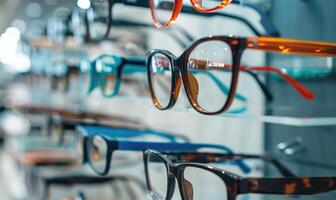 AI generated eyeglasses on shelf in optics store, shallow depth of field photo