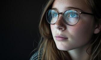 AI generated Portrait of a beautiful young woman in glasses on a dark background. photo