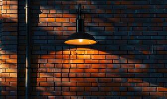 AI generated Lamp on a brick wall with shadows. Vintage lamp on brick wall background. photo