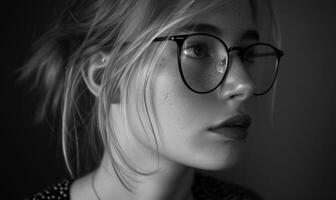 ai generado retrato de un hermosa niña con lentes en un oscuro antecedentes. foto