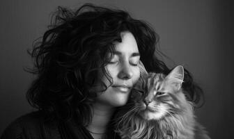 ai generado de cerca retrato de un hermosa joven mujer con largo Rizado pelo y mullido gato. monocromo imagen. foto