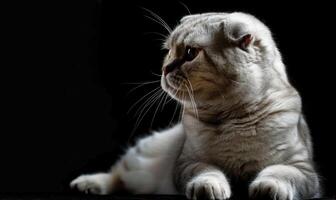 AI generated Studio portrait of a regal white Scottish Fold cat on a dark background, space for text photo